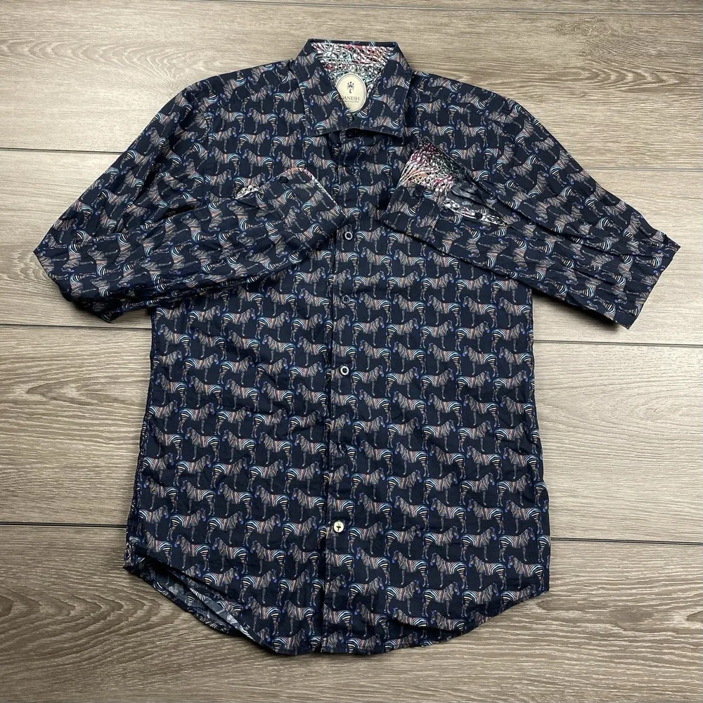 Ganesh Mens Cotton Button Front Shirt Multicolor Zebras Flip Cuffs Small - Picture 2 of 8